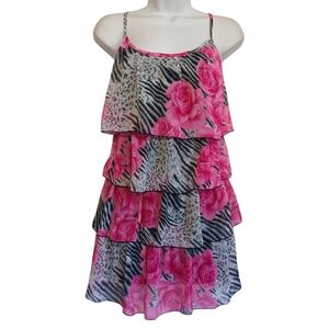 MISS CALIFORNIA Pink Floral Black Animal Print Tiered Layer Flapper Mini Dress